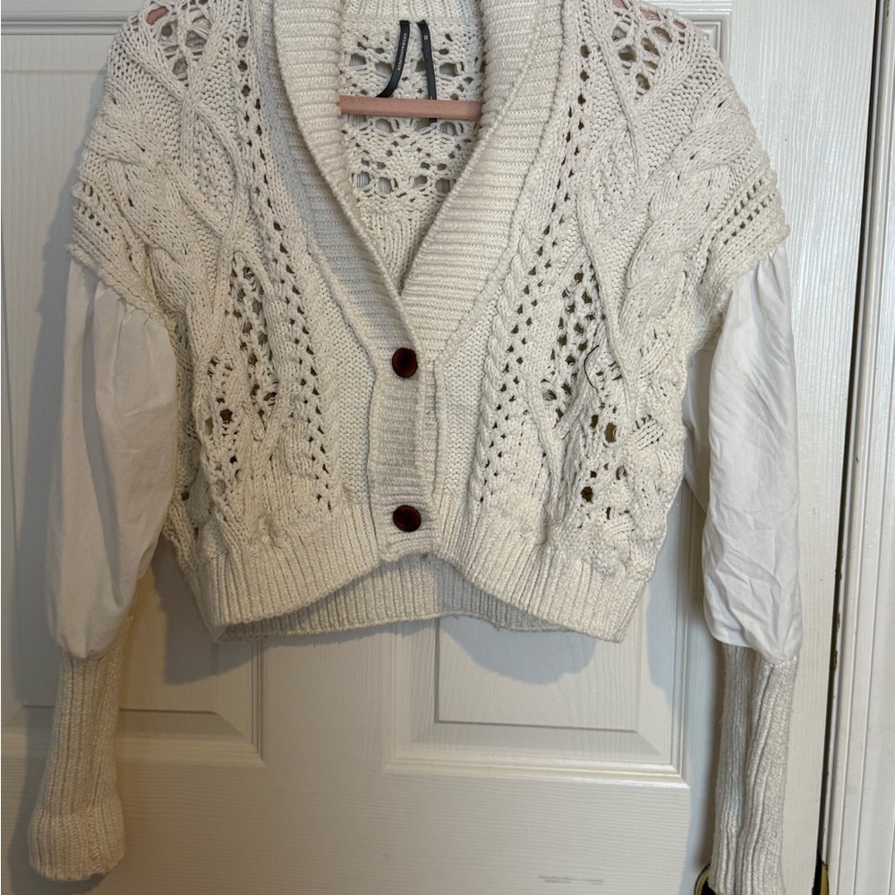 Free People Ivory Knit Cardigan with Crochet Detail